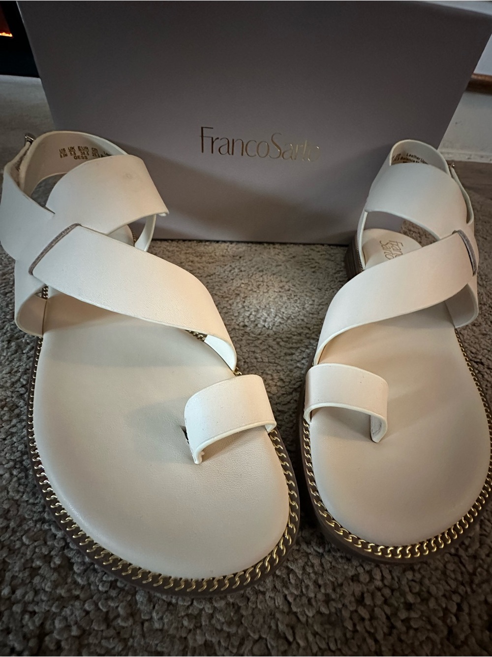 Franco Sarto Cream Leather Chain-Edge Cross-Strap Sandals